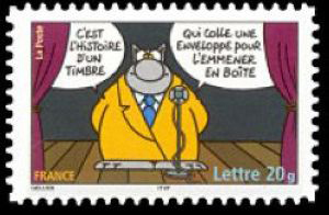  Le chat du dessinateur Philippe Geluck « C'est l'histoire d'un timbre ... qui colle une enveloppe pour l'emmener en boîte » 