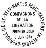 Oblitération 1er jour dans les villes compagnons de la Libération le 22 mai 1974
