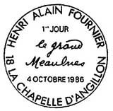 Oblitération 1er jour à La Chapelle-d'Angillon le 4 octobre 1986'