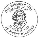 Oblitération 1er jour à Mirabeau le 25 février 1989