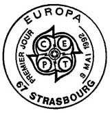 Oblitération 1er jour à Strasbourg, Saint-Dié et Essen le 9 mai 1992