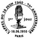 Oblitération 1er jour à Paris  au Salon du timbre et à Colombey les Deux Eglises le 18 juin 2010