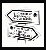 Oblitération 1er jour à Paris au Carré d'Encre, Conques, Neuvry-Saint-Sépulchre, Aubray, Saint-Gilles le 22 et 23 février 2013