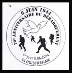 Oblitération 1er jour à Bayeux, Caen, Ouistreham, Sainte-mère-Eglise, Argentan, Arromanche, Bénouville, Carentan, Courseulles-sur-Mer le 6 et 7 juin 2014