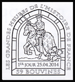 Oblitération 1er jour à Paris au Carré d'Encre et à Poissy, Bouvines, Milly-le Forêt le 25 et 26 avril 2014